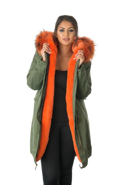 stonetail orange fur parka coat front open view