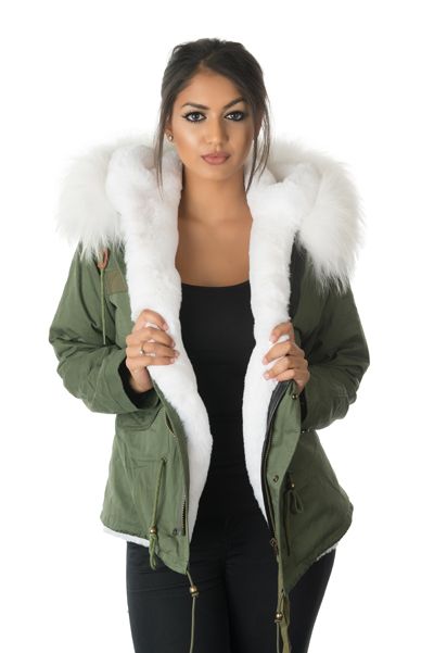 model wearing stonetail white fur parka jacket front view