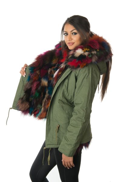 stonetail multi-coloured fox fur parka jacket side open view