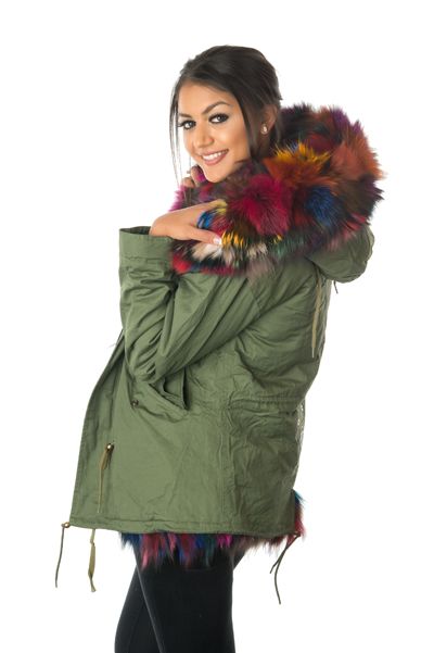 stonetail multi-coloured fox fur parka jacket side closed